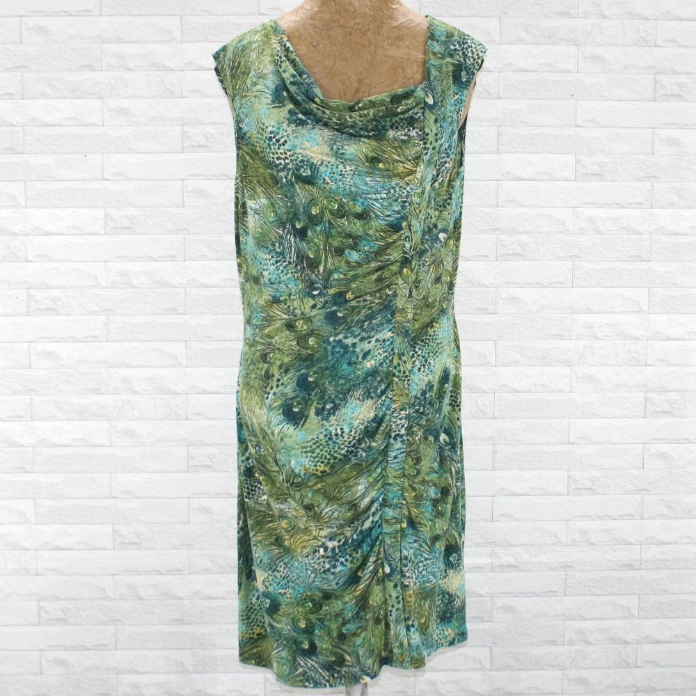 PERCEPTIONS Dress Sleveless Peacock Feathers Print Stretch Midi Plus Size 16